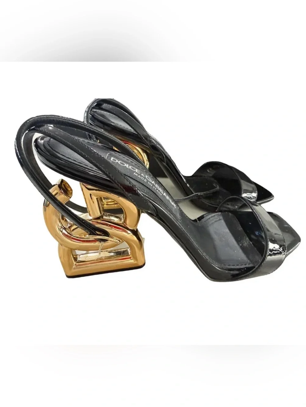 Dolce & Gabbana Black Patent Slingback Sandals with Gold Sculptural Heel